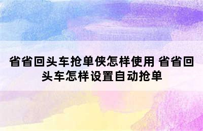 省省回头车抢单侠怎样使用 省省回头车怎样设置自动抢单